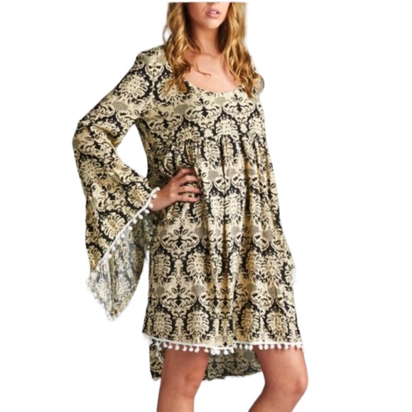 Velzera Black Damask Bell-Sleeve Bohemian Pattern Midi Dress Women’s Size L - Picture 3 of 16